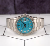 Rolex Date 34mm Ladies Baby Blue Diamond Dial 1.5ct Prong Steel Watch 15000